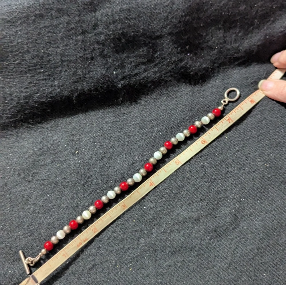 Sterling Silver Red And White Cat's Eye Beaded Statement Bracelet